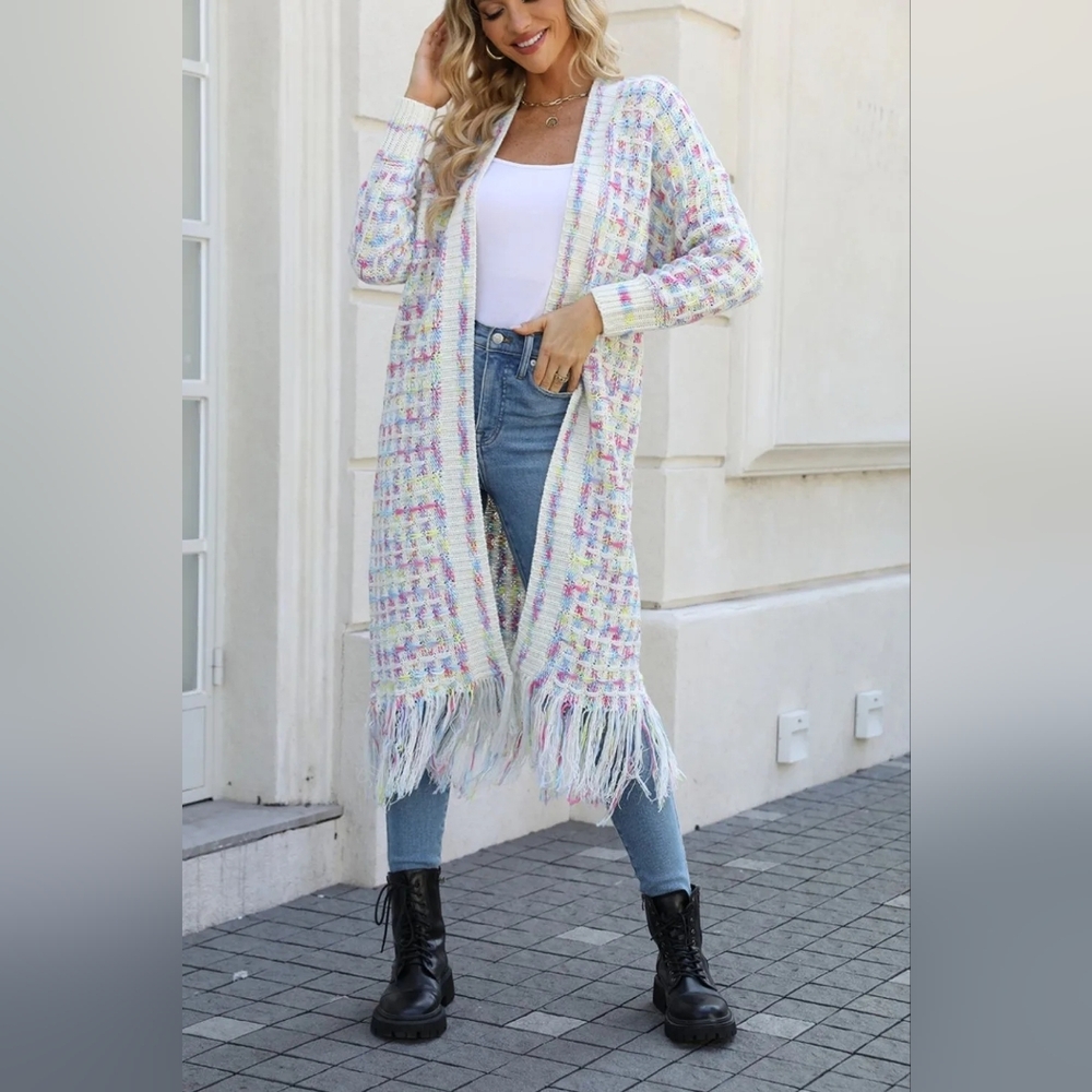 Long Open-Front Pastel Fringe Knit Cardigan Sweater - Picture 3 of 8